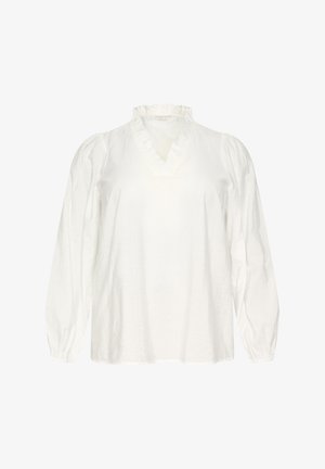 Weiße Bluse mit einem Rüschenausschnitt in V-Form, langen, gepufften Ärmeln und strukturiertem Stoff. Einfaches Design ohne Muster oder sichtbare Hardware-Details.