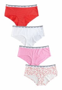 Vier paren vrouwenondergoed: rood met witte stippen, wit, roze en wit met rode hartpatronen. Zwarte tailleband met het "NEXT" logo.