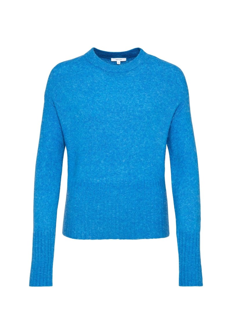 Klart blå långärmad stickad tröja med ribbade mudd och nederkant, rundad halsringning och rak passform.