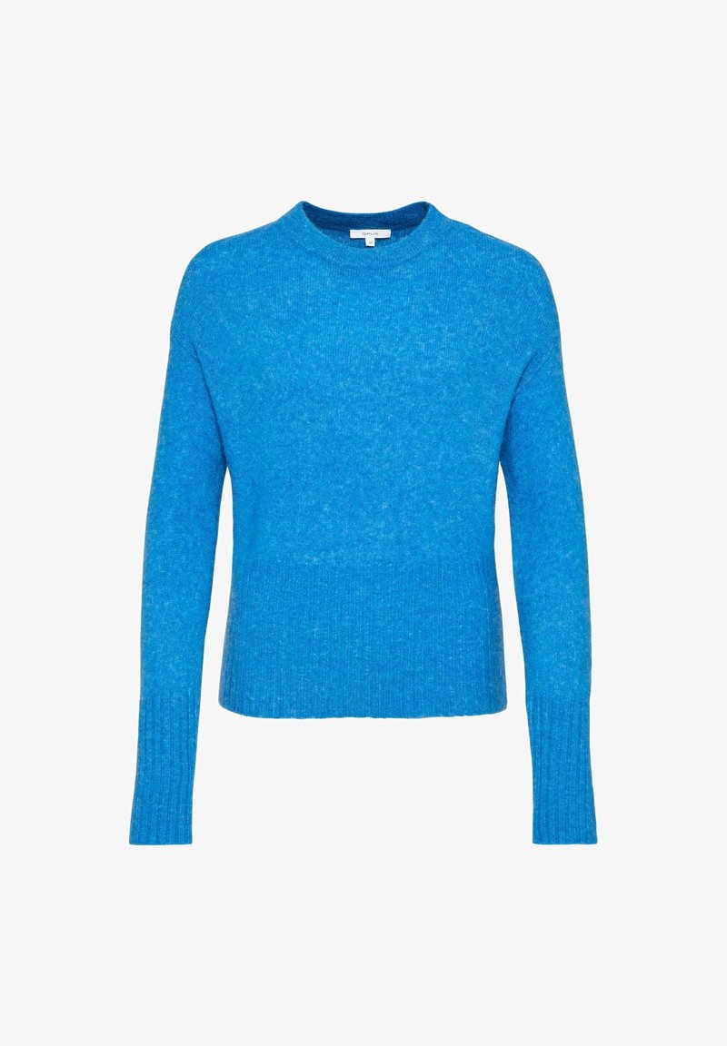 Klart blå långärmad stickad tröja med ribbade mudd och nederkant, rundad halsringning och rak passform.