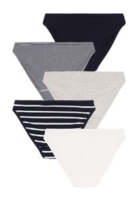 Vijf paar dames onderbroeken in verschillende kleuren: effen marineblauw, gestreept marineblauw/wit, lichtgrijs en wit. Katoenen materiaal met een gladde textuur.