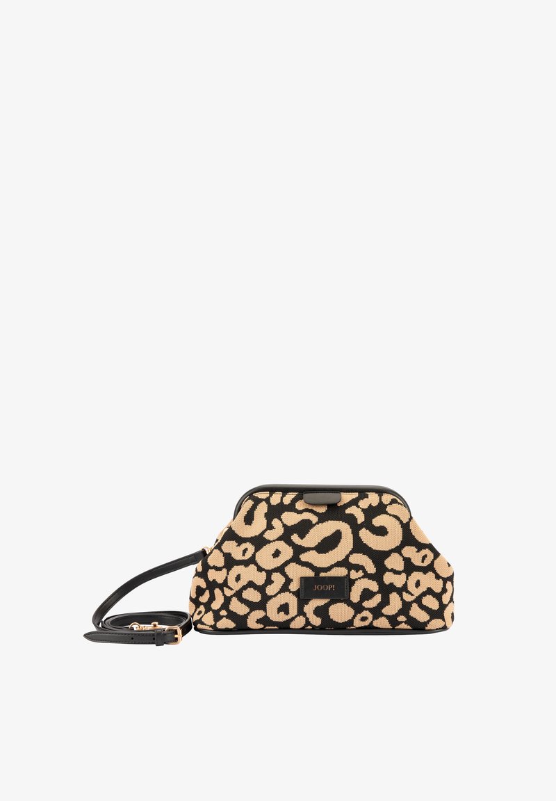 Sort og beige leopardprint clutch taske med sort justerbar rem og et lille "JOOP!" mærke foran i midten.