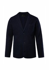 Marineblauer Blazer aus strukturiertem Stoff, mit einer einzelnen Brusttasche, zwei vorderen Taschen und zwei Knöpfen mit dezentem Kontraststich.