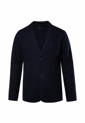 Marineblauer Blazer aus strukturiertem Stoff, mit einer einzelnen Brusttasche, zwei vorderen Taschen und zwei Knöpfen mit dezentem Kontraststich.