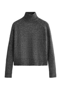 Sivý rolákový sveter s rebrovanou textúrou, skrátenou dĺžkou a dlhými rukávmi. Vyrobený z mäkkého pleteného materiálu.