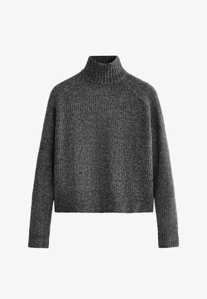 Gray turtleneck sweater with a ribbed texture, cropped length, and long sleeves. Made from a soft, knitted material.