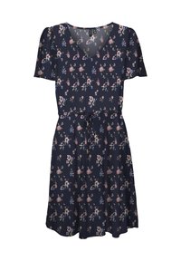 Vestido azul marino con estampado floral, confeccionado en tela suave, con escote en V, mangas cortas, cintura ajustada con lazo y falda acampanada.