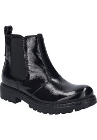 Schwarze Chelsea-Stiefel mit glänzender Lackoberfläche, elastischen Seitenpanelen, einer stabilen Gummisohle und einer Zugschlaufe an der Rückseite für ein einfaches Anziehen.