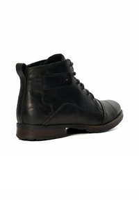 Black leather ankle boots with round toe, lace-up front, and subtle stitching. Features a textured finish and brown rubber sole.