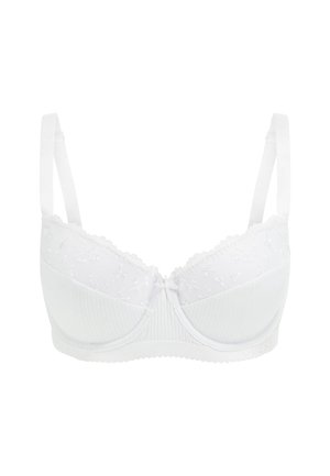 Witte bh met een textuur ribbelband, geborduurde bloemen op de cups, verstelbare bandjes en een strikaccent in het midden.