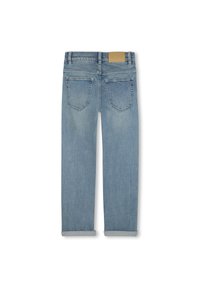 Svetlo modre jeans hlače iz denima z ravnim krojem hlačnic, zavihanimi manšetami in rjavim usnjenim logotipom na zadnjem pasu. Imajo dva zadnja žepa.