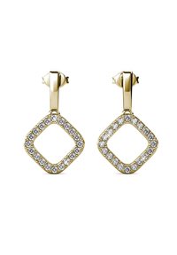 Goudkleurige oorbellen met een diamanten vorm, versierd met heldere rhinestones in een vierkante omlijning. Gladde afwerking en veilige postbevestiging.