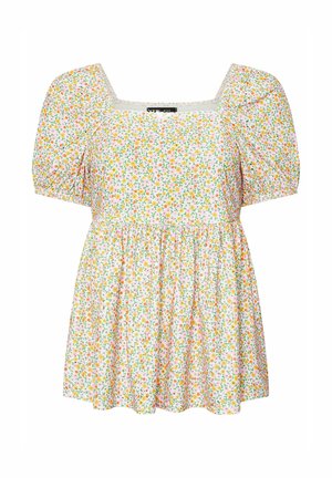 Witte blouse met korte mouwen, pofmouwen, een vierkante halslijn en een klein bloemenpatroon in geel, roze en oranje.