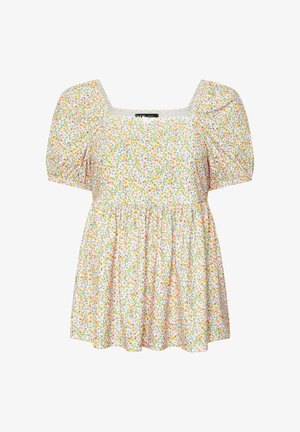 Witte blouse met korte mouwen, pofmouwen, een vierkante halslijn en een klein bloemenpatroon in geel, roze en oranje.