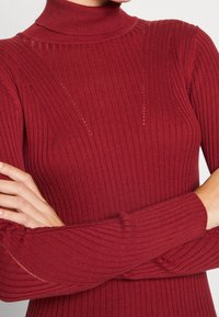 Pull à col roulé côtelé de couleur rouge foncé, présentant des lignes verticales, une coupe ajustée et des manches longues avec des poignets serrés. Détails subtils avec des découpes.