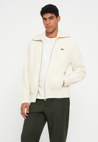 Homem com uma jaqueta de malha creme com fecho éclair sobre uma t-shirt branca e calças verde-escuro, de pé com uma mão no bolso.