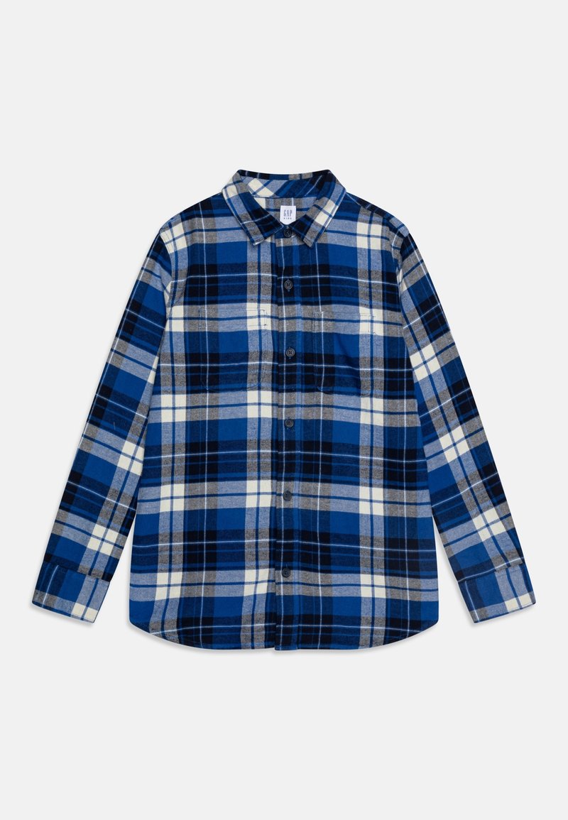 Chemise à manches longues boutonnée avec motif à carreaux bleu, noir, blanc et gris et col pointu.