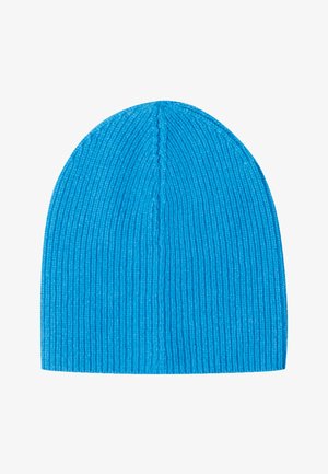 Blauer ribbelstrick Beanie mit abgerundetem Oberteil und vertikaler Struktur; zeichnet sich durch ein nahtloses Design und eine glatte Oberfläche aus.