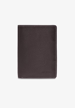 Dunkelbraune Lederbrieftasche mit Struktur, weiße Naht entlang der Kanten und "PICARD" in der unteren rechten Ecke geprägt.