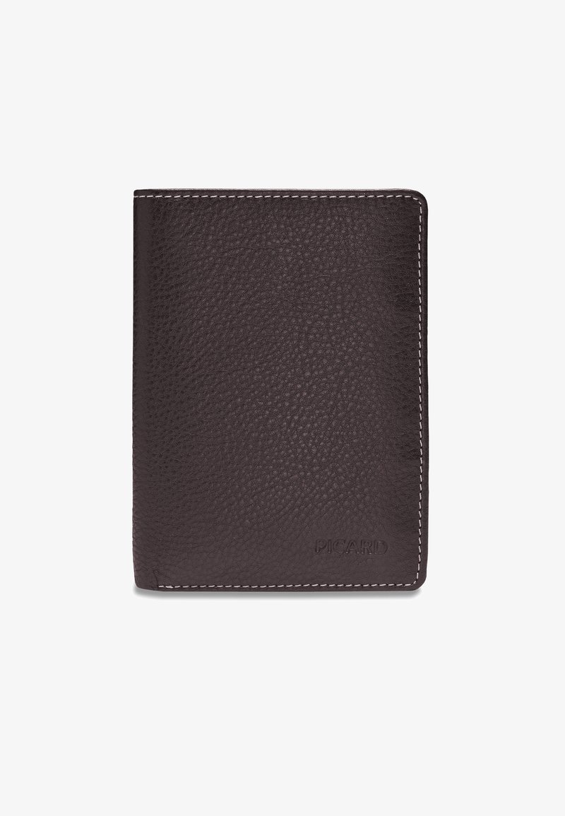 Portefeuille en cuir marron foncé texturé avec coutures blanches le long des bords et "PICARD" embossé dans le coin inférieur droit.
