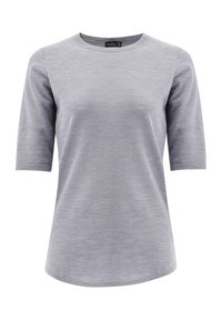 Graues T-Shirt mit kurzen Ärmeln und Rundhalsausschnitt, hergestellt aus einem weichen, leichten Stoff, der eine glatte Textur und eine lockere Passform aufweist.