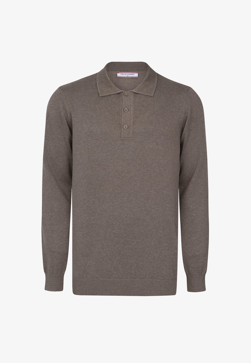 Bruine langermige polo shirt van zacht materiaal met een kraag en een drieknopssluiting, voorzien van geribbelde mouwen en zoom.