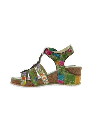 Grøn wedgesandal med flerfarvede blomster- og mønstrede stropper, kork midtsåle og en struktureret gummiydersål.