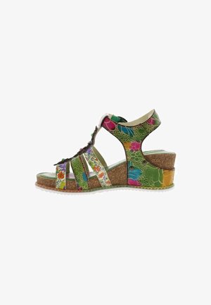 Grøn wedgesandal med flerfarvede blomster- og mønstrede stropper, kork midtsåle og en struktureret gummiydersål.