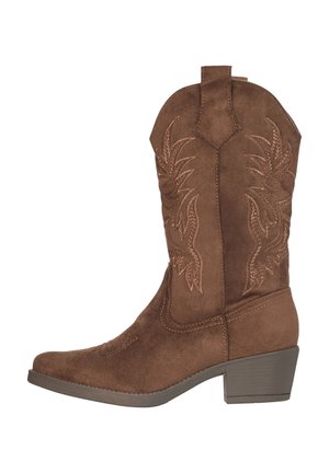 Brown suede mid-calf cowboy boot with stitched decorative patterns, a pull-tab, and a low stacked heel.