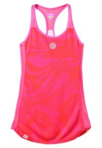 Vaaleanpunainen urheilumainen tankkitoppi, joka on valmistettu hengittävästä materiaalista. Siinä on pyörteinen kuvio, urheilullinen selkäosa ja logo keskimmäisessä rinnassa.