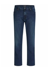 Jeans de mezclilla azul oscuro con un diseño clásico de pierna recta, que presentan un cierre de botón metálico y los lazos para cinturón. Superficie lisa y sin adornos.