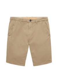 Beige Shorts aus strukturiertem Stoff mit glatter Oberfläche, ausgestattet mit einem Einzelknopfverschluss und Seitentaschen. Sauber geschnittener Saum.