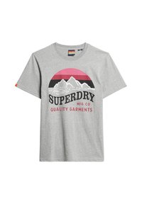Gray cotton t-shirt with short sleeves, featuring a graphic design of mountains and a sunset, and text reading "SUPERDRY MFG CO QUALITY GARMENTS."