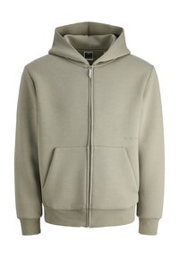 Jasnoszara bluza z kapturem na zamek, wykonana z miękkiego materiału, z kieszenią kangurzą, ściągaczami przy mankietach i kapturem ze sznurkiem. Minimalistyczny design z detalem logo.