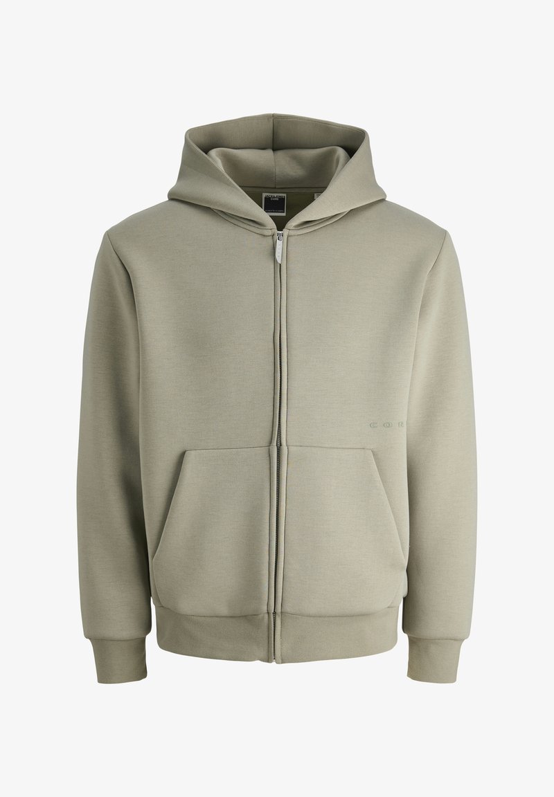 Jasnoszara bluza z kapturem na zamek, wykonana z miękkiego materiału, z kieszenią kangurzą, ściągaczami przy mankietach i kapturem ze sznurkiem. Minimalistyczny design z detalem logo.