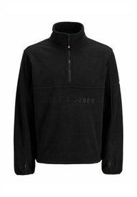 Czarny polarowy sweter z półzatokowym zamkiem, wysokim kołnierzem, otworami na kciuki na rękawach oraz wytłoczonym napisem "JACK & JONES" na klatce piersiowej.