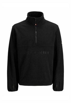 Juoda fliso megztinis su pusiau užtrauktuku, aukštu apykakle, nykščių angomis ant rankovių ir su "JACK & JONES" įspaustu užrašu krūtinėje.
