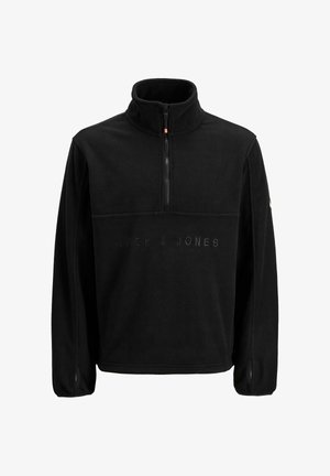Pullover in pile nero con mezza cerniera, collo alto, aperture per i pollici sulle maniche e "JACK & JONES" in rilievo sul petto.