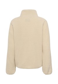 Veste en polaire beige à manches longues et col montant, vue de dos sur fond blanc.