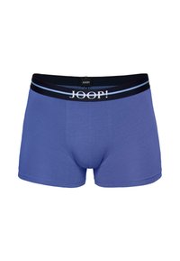 Boxers bruns pour hommes bleus avec une ceinture noire présentant des rayures bleu clair et le logo blanc "JOOP!" au centre avant.