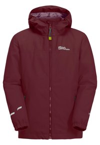 Bordeauxroter, wasserdichter Jacke mit Kapuze, Frontreißverschluss, reflektierenden Akzenten an den Ärmeln und Logo auf der Brust. Glatte, strapazierfähige Stoffqualität.