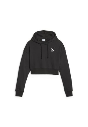 Czarna krótka bluza z kapturem z długimi rękawami i sznurkami, z małym białym logo Puma na lewej stronie piersi.