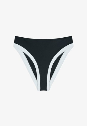 Parte inferior de bikini negra con ribetes en blanco. Presenta un corte clásico y una textura suave, enfatizando el contraste entre los colores.