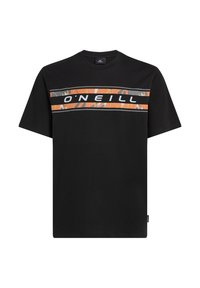 Sorte bomulds t-shirt med rund halsudskæring, prydet med en grafisk stribe i orange og gråtværs over brystet med teksten "O'NEILL".