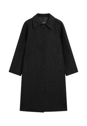 Black coat with a structured collar, two front patch pockets, and button closure. Made from a textured fabric with a smooth finish.
