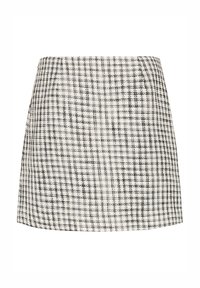 Mini krilo v črno-beli karirasti vzorcu s prilegajočim pasom, teksturirano blago in ravnim robom. Vključuje mrežni vzorec s horizontalnimi in vertikalnimi črtami.