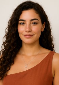 Sølv kæde med cirkulært vedhæng. Modellen bærer en rustfarvet top med det ene skulder blottet. Krøllede hår rammer hendes ansigt.