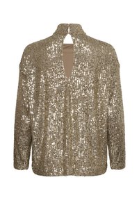 Top in paillettes dorées con maniche lunghe, schiena scoperta con un'apertura a forma di chiave e una morbida fodera interna. Texture riflettente e design morbido.