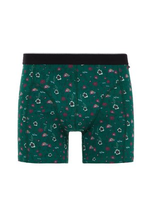 Groene boxershorts met een bloemenpatroon in rood, wit en paars. Voorzien van een zwarte elastische tailleband en contrasterende stiksels.