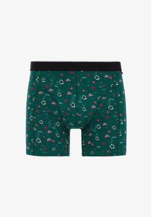 Groene boxershorts met een bloemenpatroon in rood, wit en paars. Voorzien van een zwarte elastische tailleband en contrasterende stiksels.